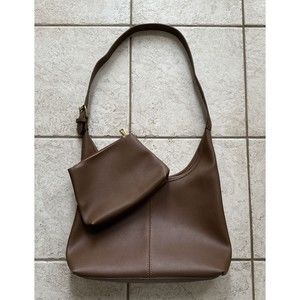 Women's Brown Tote Purse Handbag Faux Leather w/ Makeup Cosmetics Bag
